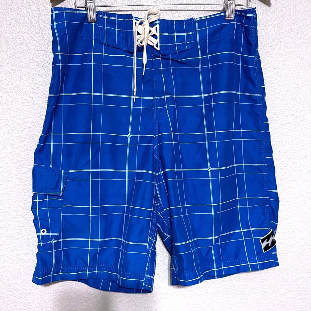 Billabong Mens Blue Plaid Grid Board Shorts Swim Trunks Size 32 Y2K‎ Era